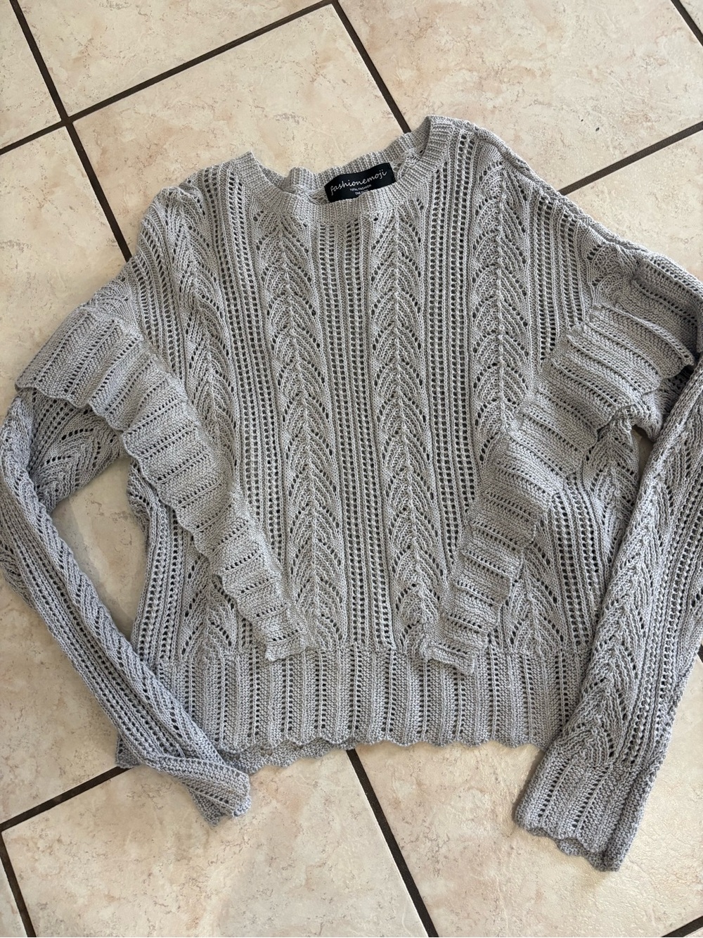 Fashion Nova Gray Open-Knit Ruffle Crew Sweater